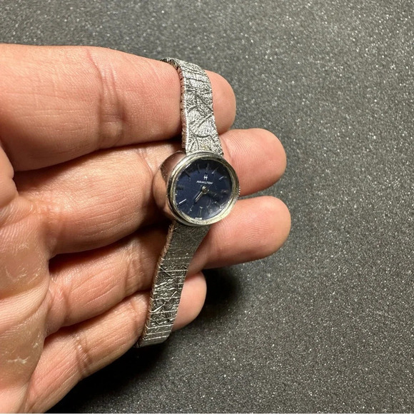 Vintage Hamilton Ladies Mechanical Wind Up Watch Silver Tone Blue Dial 10K R.G.P - Picture 7 of 9